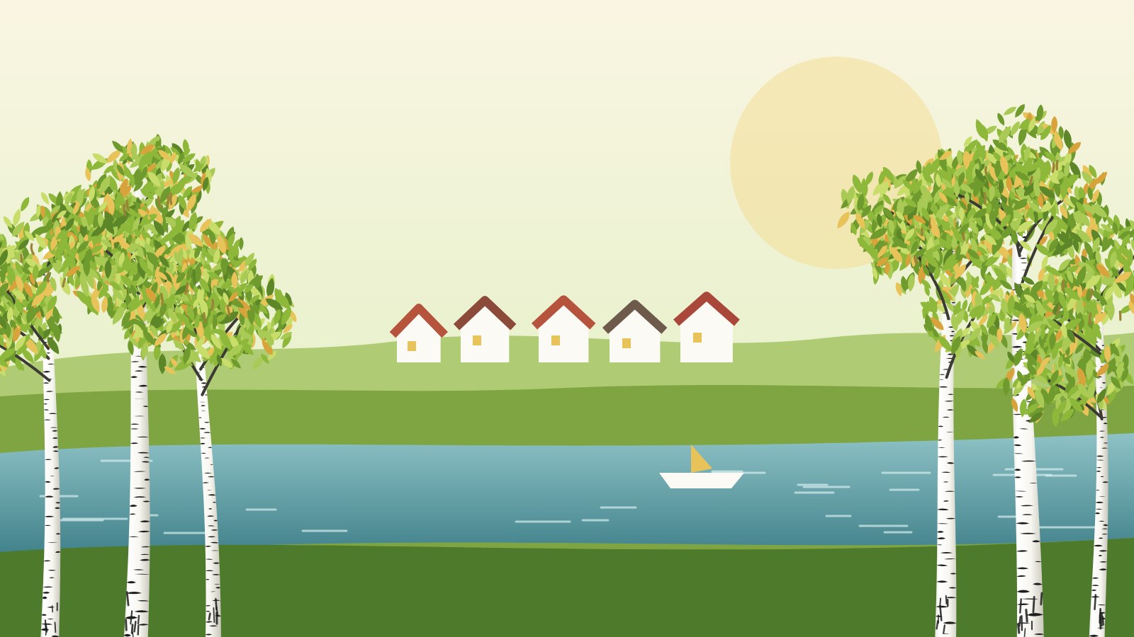 Illustration: Birken am Havelkanal, dahinter kleine Häuser einer Siedlung