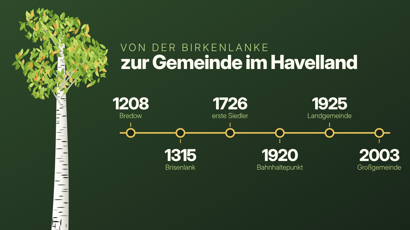 Grafik: eine Birke neben einem Zeitstrahl mit den Jahren 1208, 1315, 1726, 1920, 1925 und 2003