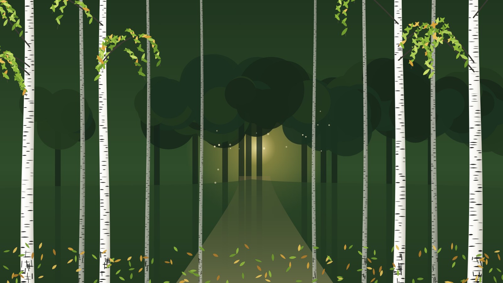 Illustration: Birken an einem Waldweg in der Dämmerung, in der Ferne ein warmes Licht zwischen den Bäumen